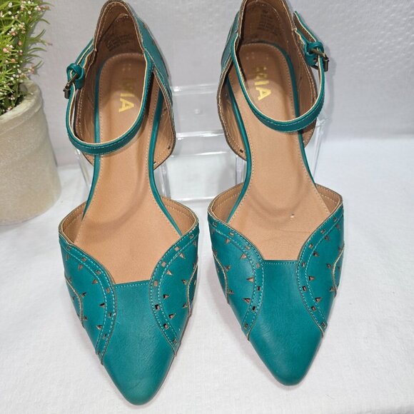 WOMENS MIA FLATS POINTED TOE ANKLE STRAP IN GREEN FAUX LEATHER SIZE 10 GUC - Picture 8 of 9